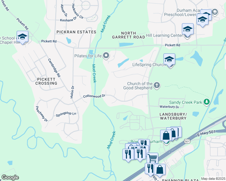 map of restaurants, bars, coffee shops, grocery stores, and more near 9 Pulley Place in Durham