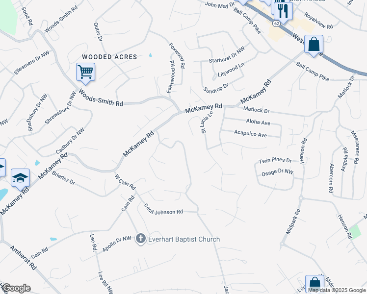 map of restaurants, bars, coffee shops, grocery stores, and more near 2059 Cecil Johnson Road Northwest in Knoxville