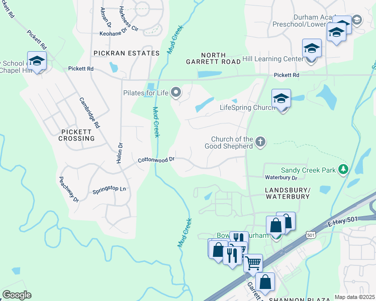 map of restaurants, bars, coffee shops, grocery stores, and more near 9 Pulley Place in Durham