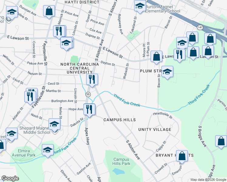 map of restaurants, bars, coffee shops, grocery stores, and more near 1702 Majestic Drive in Durham