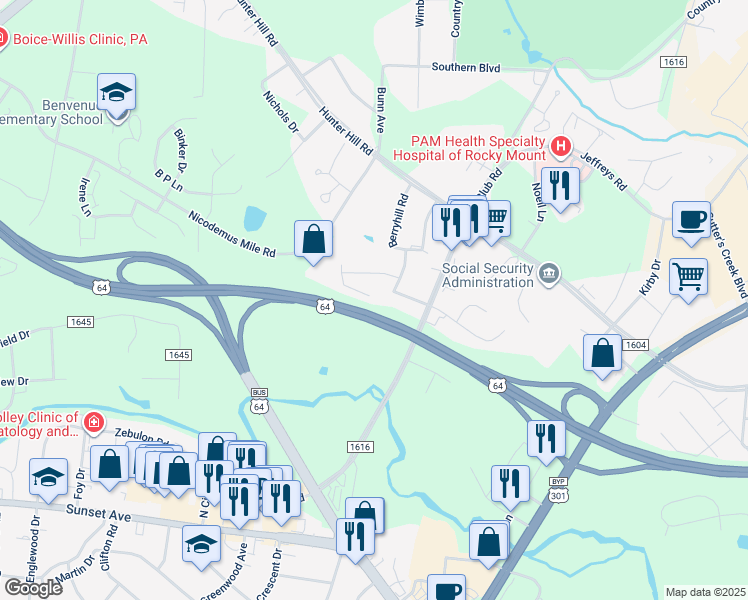 map of restaurants, bars, coffee shops, grocery stores, and more near 604 Pine Knoll Drive in Rocky Mount