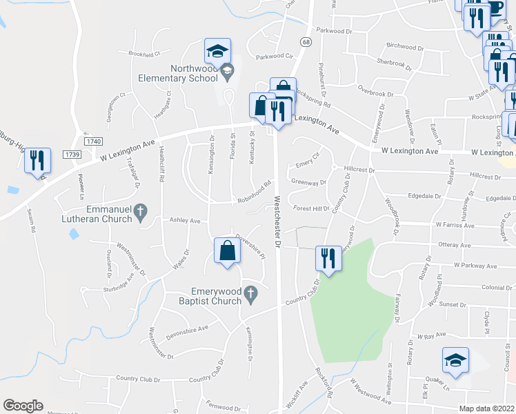 map of restaurants, bars, coffee shops, grocery stores, and more near 1101 Robin Hood Manor in High Point