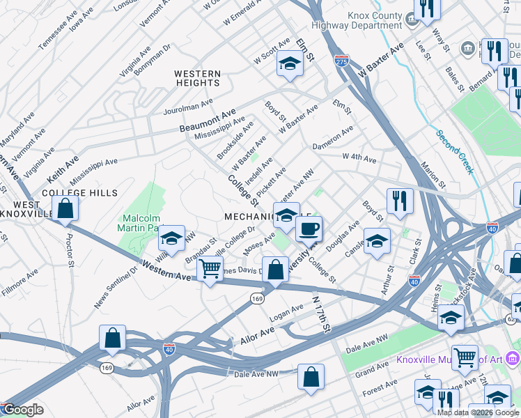 map of restaurants, bars, coffee shops, grocery stores, and more near 901 College Street in Knoxville
