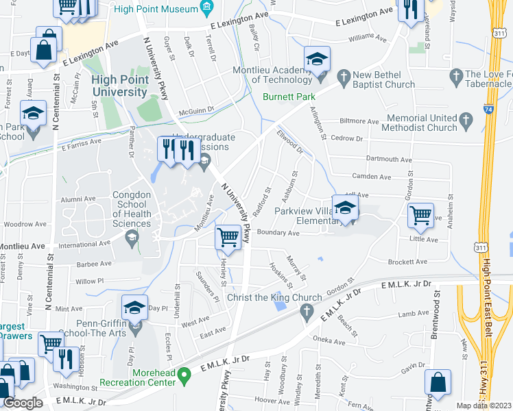 map of restaurants, bars, coffee shops, grocery stores, and more near 511 Radford Street in High Point