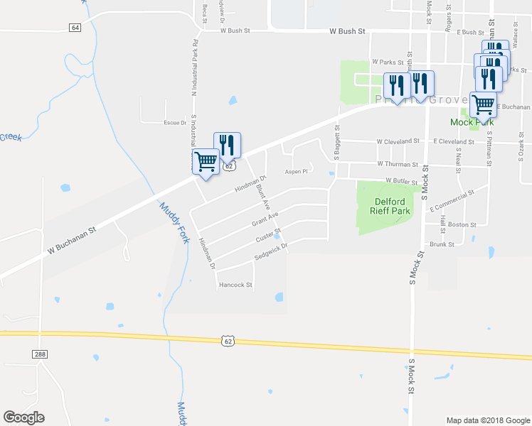 map of restaurants, bars, coffee shops, grocery stores, and more near 800 Grant Avenue in Prairie Grove
