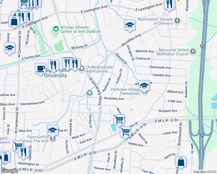 map of restaurants, bars, coffee shops, grocery stores, and more near 516 Radford Street in High Point