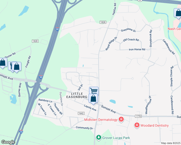 map of restaurants, bars, coffee shops, grocery stores, and more near North Street in Rocky Mount