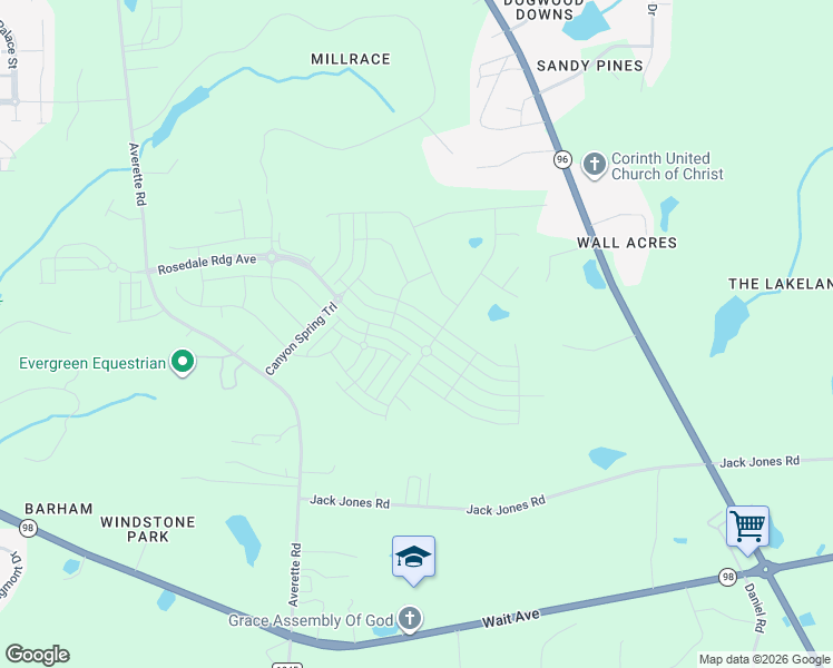 map of restaurants, bars, coffee shops, grocery stores, and more near Windy Hill Lane in Wake Forest