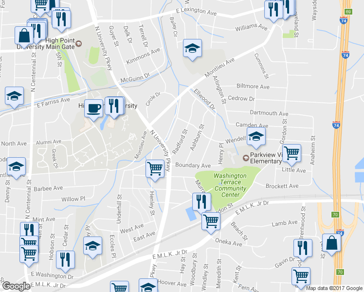 map of restaurants, bars, coffee shops, grocery stores, and more near 516 Radford Street in High Point