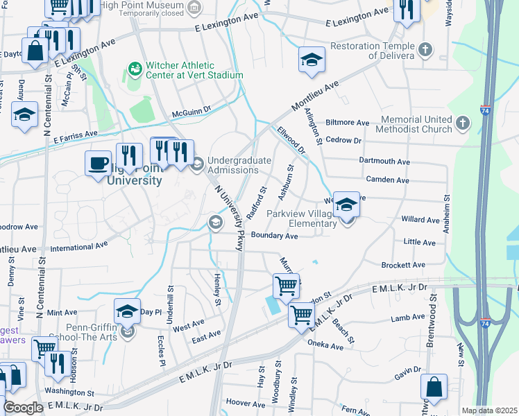 map of restaurants, bars, coffee shops, grocery stores, and more near 508 Radford Street in High Point