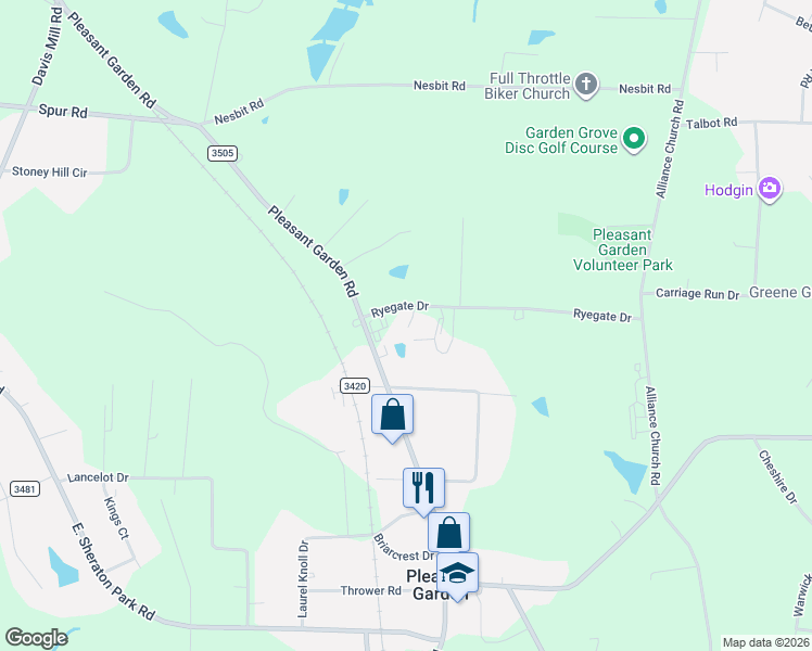 map of restaurants, bars, coffee shops, grocery stores, and more near 1210 Ryegate Drive in Pleasant Garden