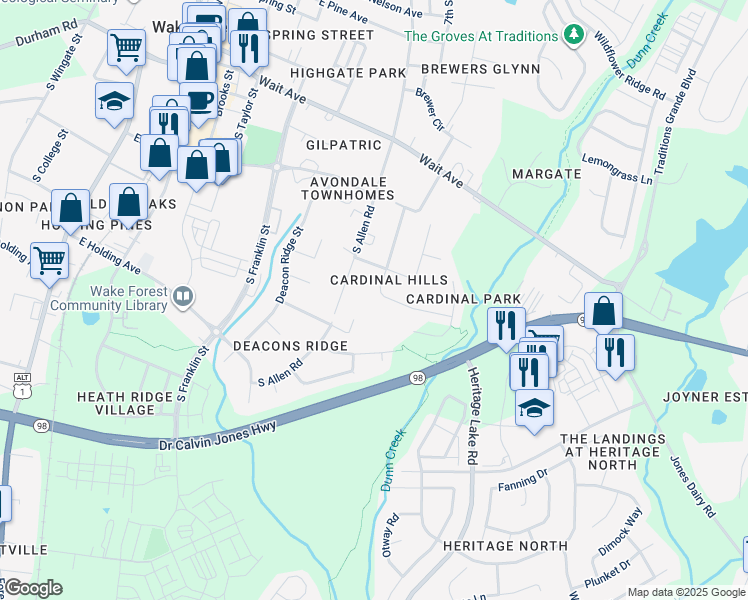 map of restaurants, bars, coffee shops, grocery stores, and more near 308 Mockingbird Lane in Wake Forest