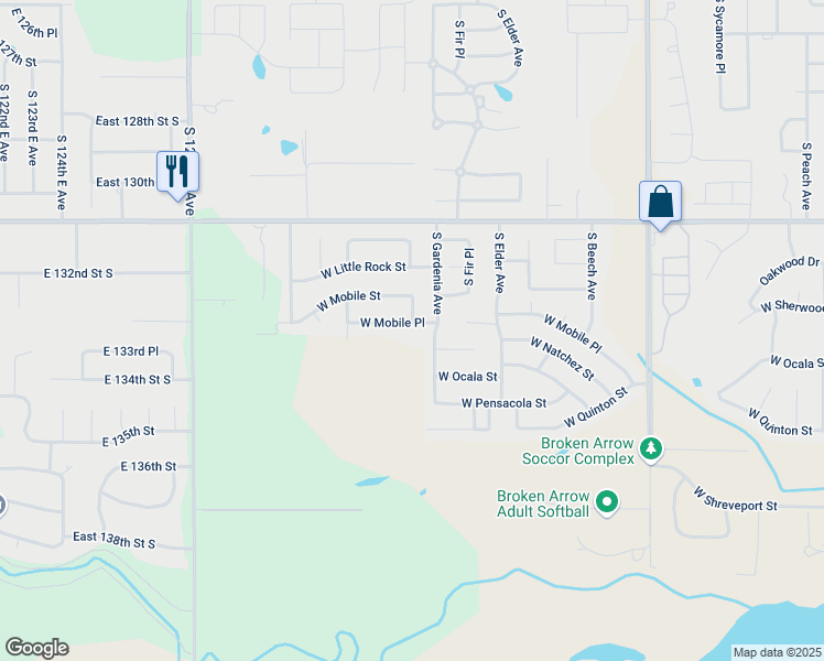 map of restaurants, bars, coffee shops, grocery stores, and more near 2901 West Mobile Place in Broken Arrow