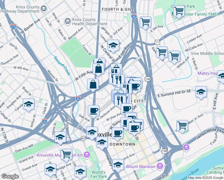 map of restaurants, bars, coffee shops, grocery stores, and more near 333 West Depot Avenue in Knoxville