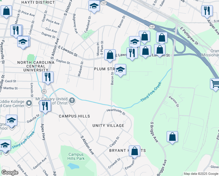 map of restaurants, bars, coffee shops, grocery stores, and more near 1026 Bacon Street in Durham