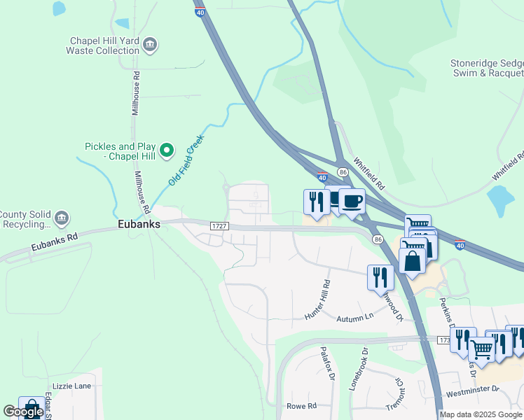map of restaurants, bars, coffee shops, grocery stores, and more near 2012 Eubanks Road in Chapel Hill