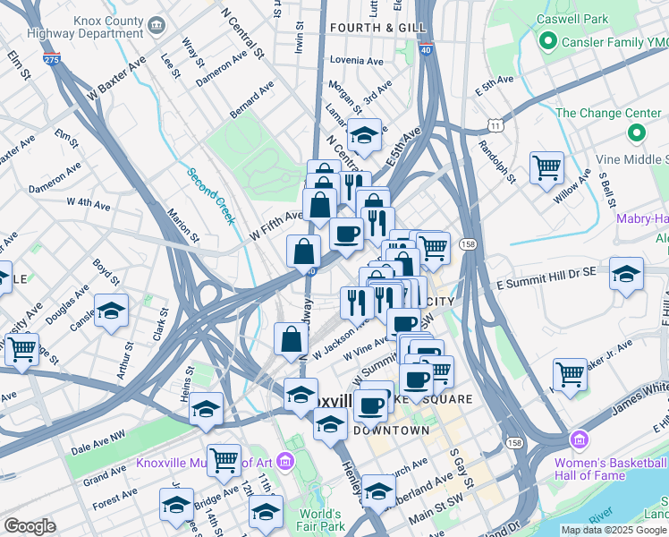 map of restaurants, bars, coffee shops, grocery stores, and more near 410 State Highway 9 in Knoxville