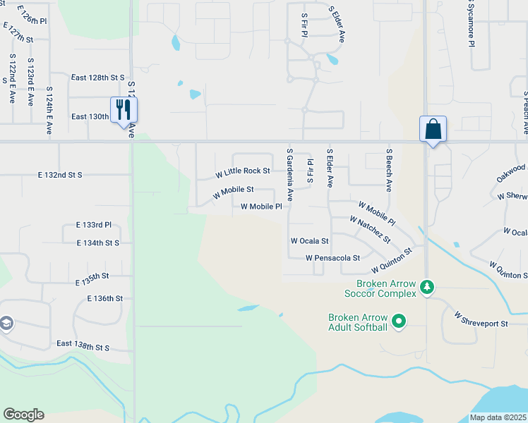 map of restaurants, bars, coffee shops, grocery stores, and more near 2901 West Mobile Place in Broken Arrow
