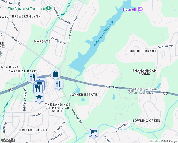 map of restaurants, bars, coffee shops, grocery stores, and more near 1116 Touchstone Way in Wake Forest