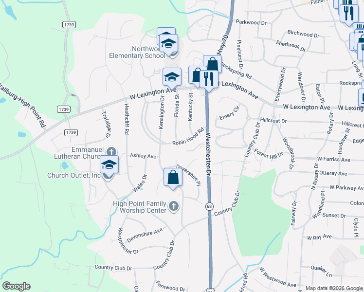 map of restaurants, bars, coffee shops, grocery stores, and more near 1105 Robin Hood Manor in High Point