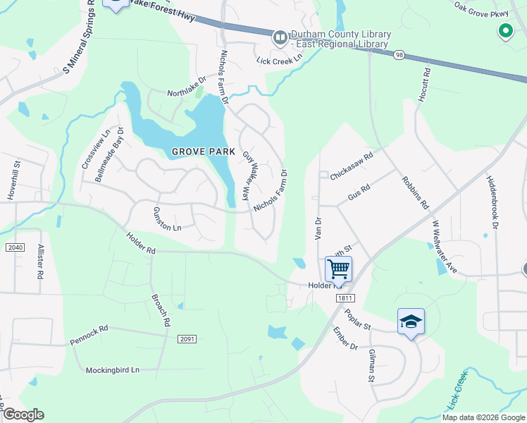map of restaurants, bars, coffee shops, grocery stores, and more near 715 Nichols Farm Drive in Durham