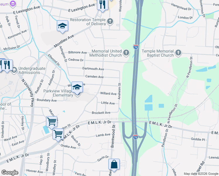 map of restaurants, bars, coffee shops, grocery stores, and more near 1513 Willard Avenue in High Point