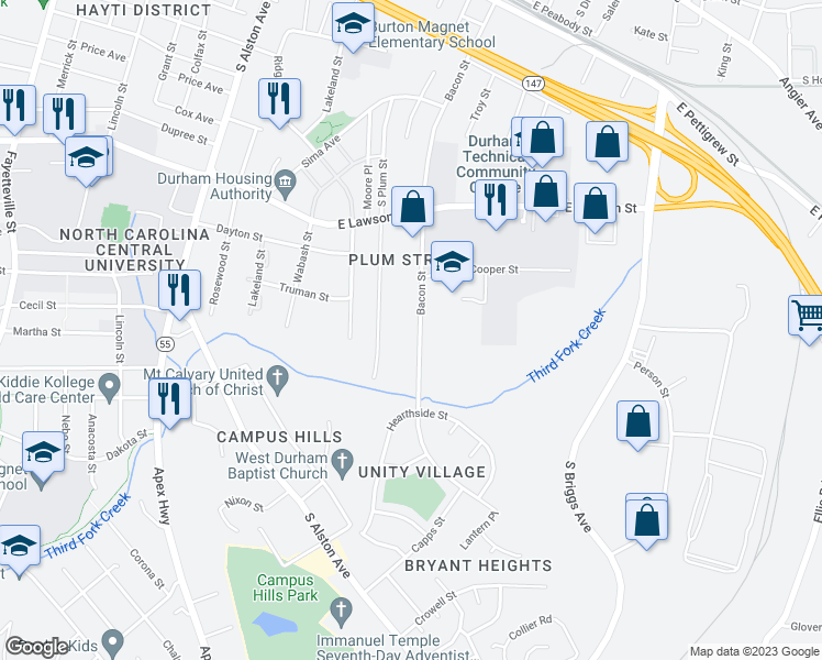 map of restaurants, bars, coffee shops, grocery stores, and more near 1022 Bacon Street in Durham