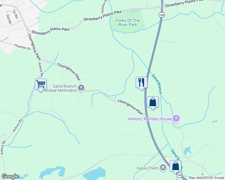 map of restaurants, bars, coffee shops, grocery stores, and more near 2334 Thorngrove Pike in Knoxville