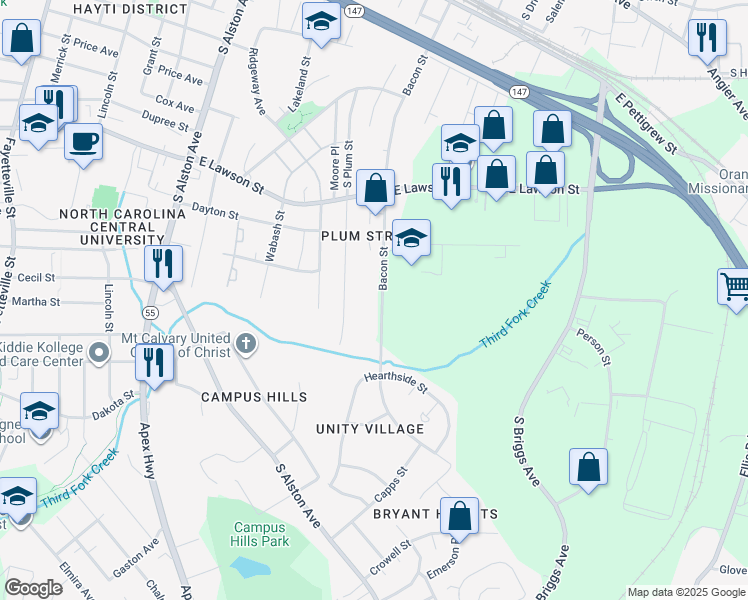 map of restaurants, bars, coffee shops, grocery stores, and more near 1026 Bacon Street in Durham