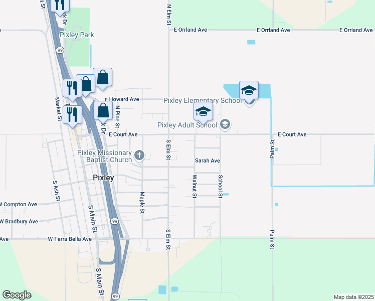 map of restaurants, bars, coffee shops, grocery stores, and more near 321 Walnut Street in Pixley