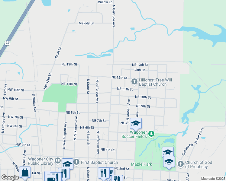 map of restaurants, bars, coffee shops, grocery stores, and more near 703 Northeast 10th Street in Wagoner