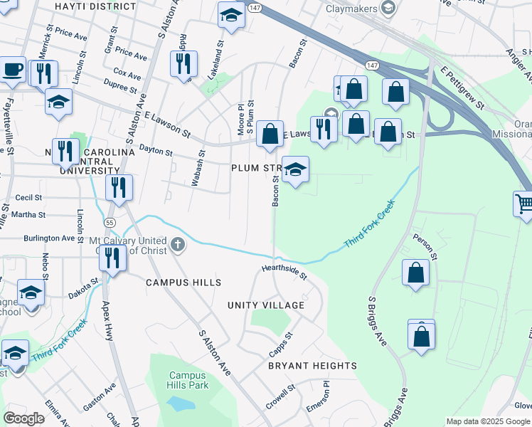 map of restaurants, bars, coffee shops, grocery stores, and more near 1022 Bacon Street in Durham