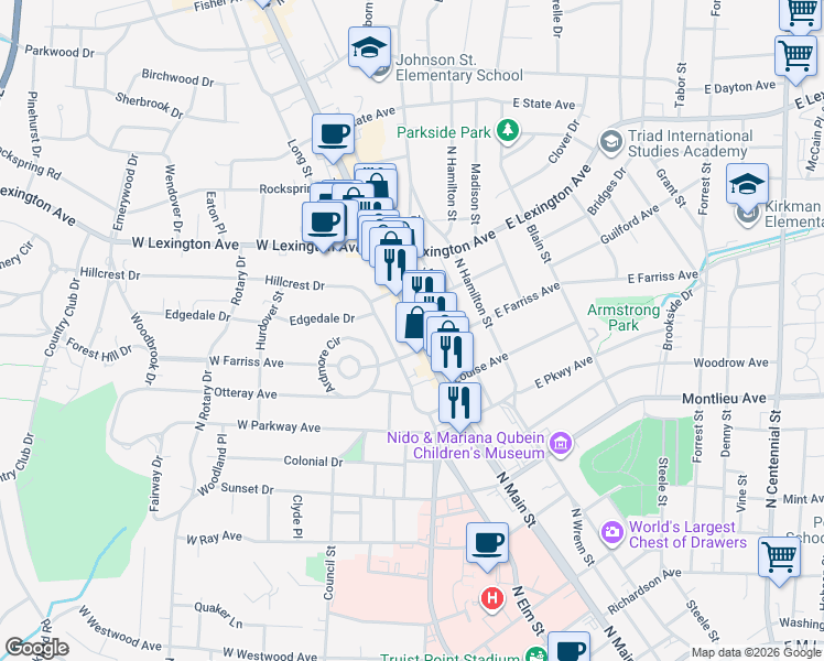 map of restaurants, bars, coffee shops, grocery stores, and more near 108 West Farriss Avenue in High Point