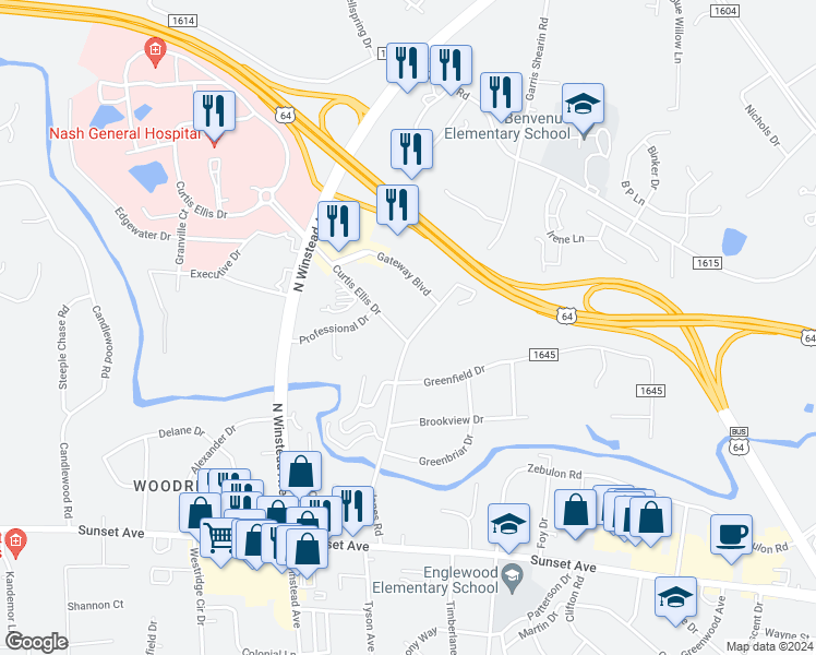 map of restaurants, bars, coffee shops, grocery stores, and more near 520 Jones Road in Rocky Mount