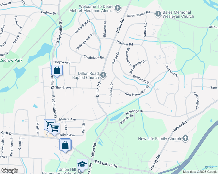 map of restaurants, bars, coffee shops, grocery stores, and more near 2922 Sussex Drive in Jamestown