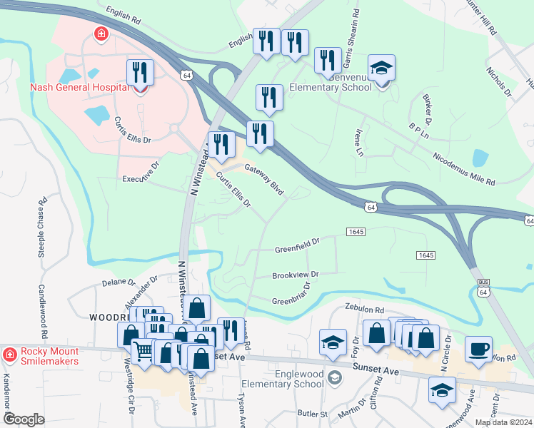 map of restaurants, bars, coffee shops, grocery stores, and more near 520 Jones Road in Rocky Mount