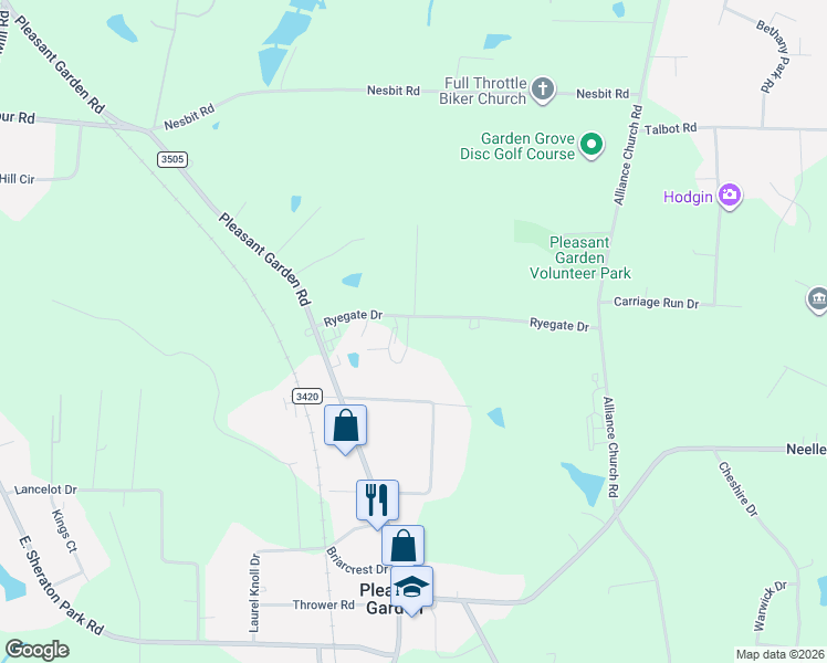 map of restaurants, bars, coffee shops, grocery stores, and more near 1226 Ryegate Drive in Pleasant Garden