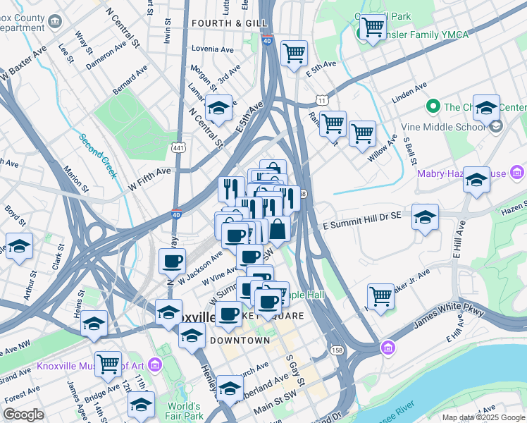 map of restaurants, bars, coffee shops, grocery stores, and more near 118 West Jackson Avenue in Knoxville