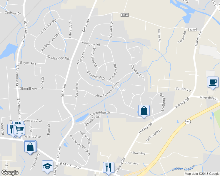 map of restaurants, bars, coffee shops, grocery stores, and more near 1009 New Hampshire Drive in Jamestown