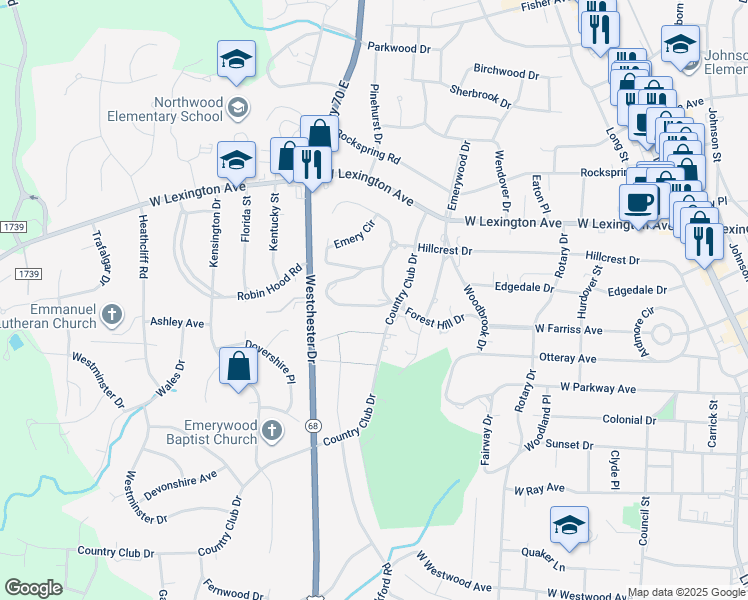 map of restaurants, bars, coffee shops, grocery stores, and more near 1104 Forest Hill Drive in High Point