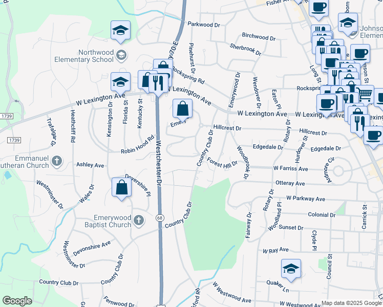 map of restaurants, bars, coffee shops, grocery stores, and more near 1104 Forest Hill Drive in High Point