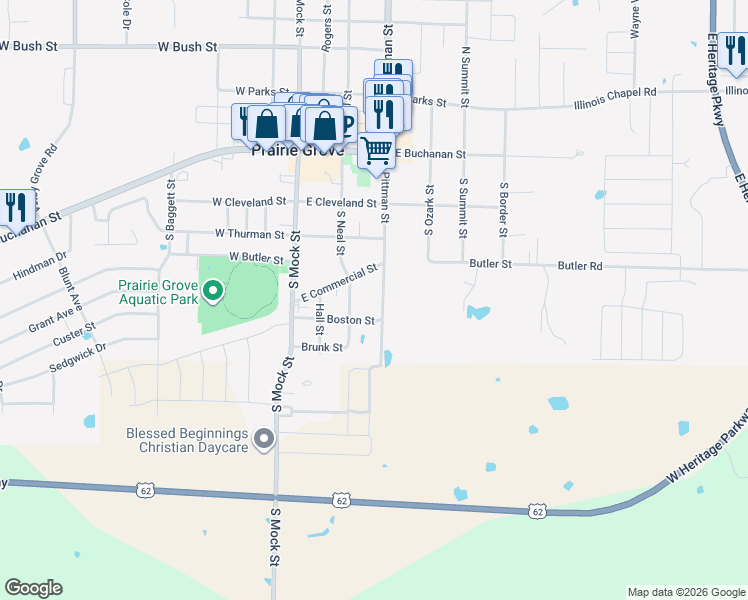 map of restaurants, bars, coffee shops, grocery stores, and more near 510 South Pittman Street in Prairie Grove