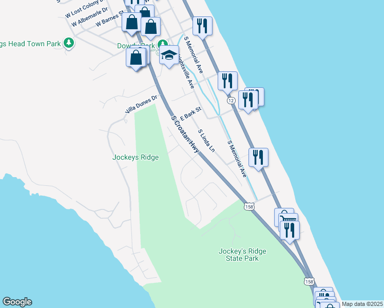 map of restaurants, bars, coffee shops, grocery stores, and more near 102 West Windjammer Road in Nags Head