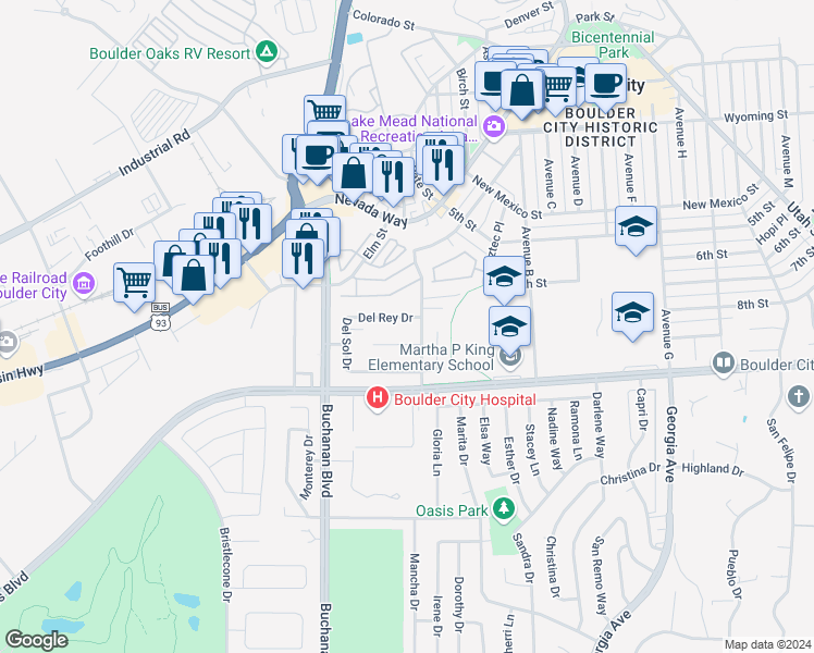 map of restaurants, bars, coffee shops, grocery stores, and more near 850 Armada Place in Boulder City