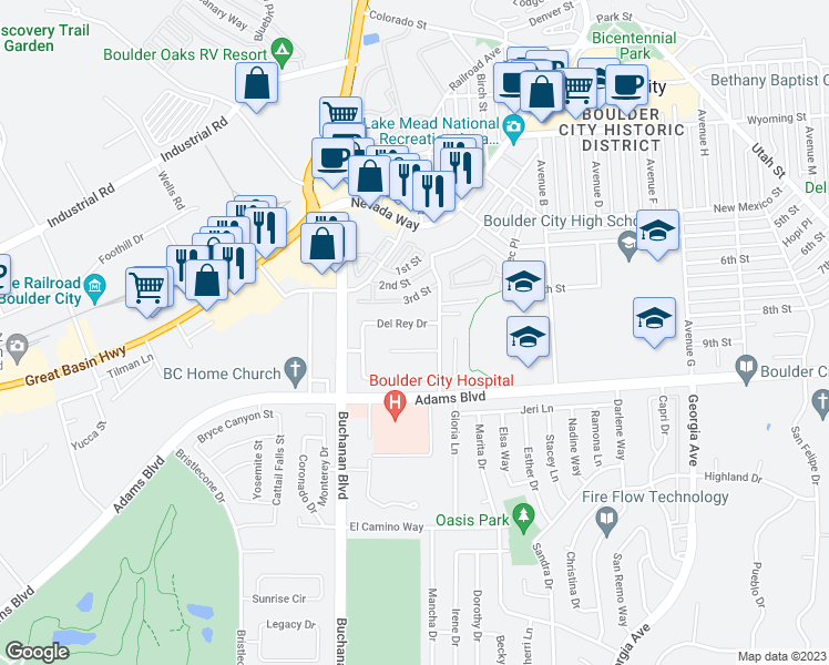 map of restaurants, bars, coffee shops, grocery stores, and more near 862 Armada Place in Boulder City