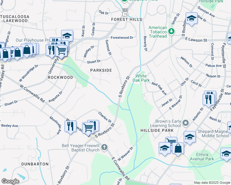 map of restaurants, bars, coffee shops, grocery stores, and more near 2312 South Roxboro Street in Durham