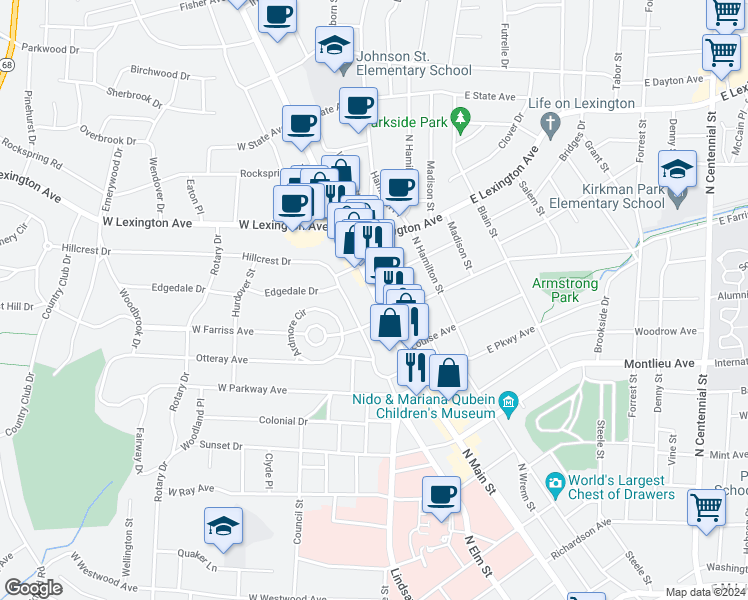 map of restaurants, bars, coffee shops, grocery stores, and more near 108 West Farriss Avenue in High Point
