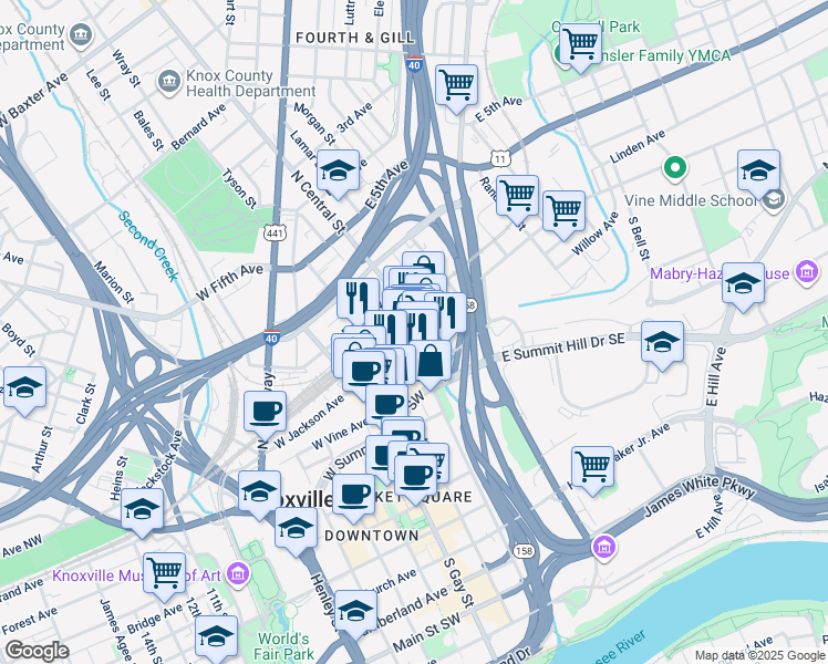 map of restaurants, bars, coffee shops, grocery stores, and more near 118 West Jackson Avenue in Knoxville