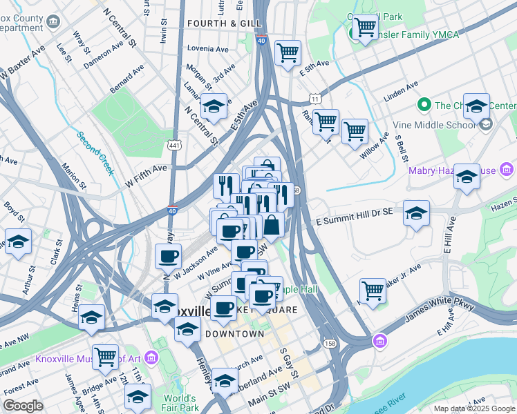 map of restaurants, bars, coffee shops, grocery stores, and more near 118 West Jackson Avenue in Knoxville