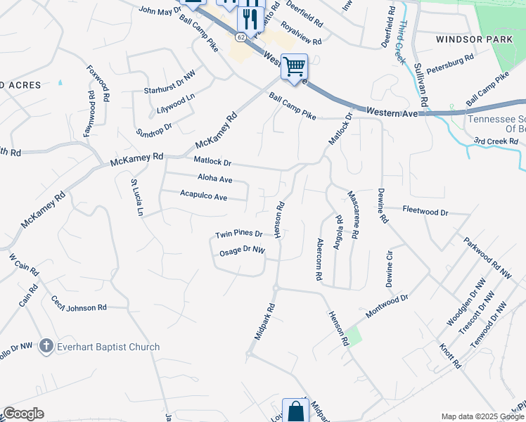 map of restaurants, bars, coffee shops, grocery stores, and more near 4407 Leonie Lane Northwest in Knoxville